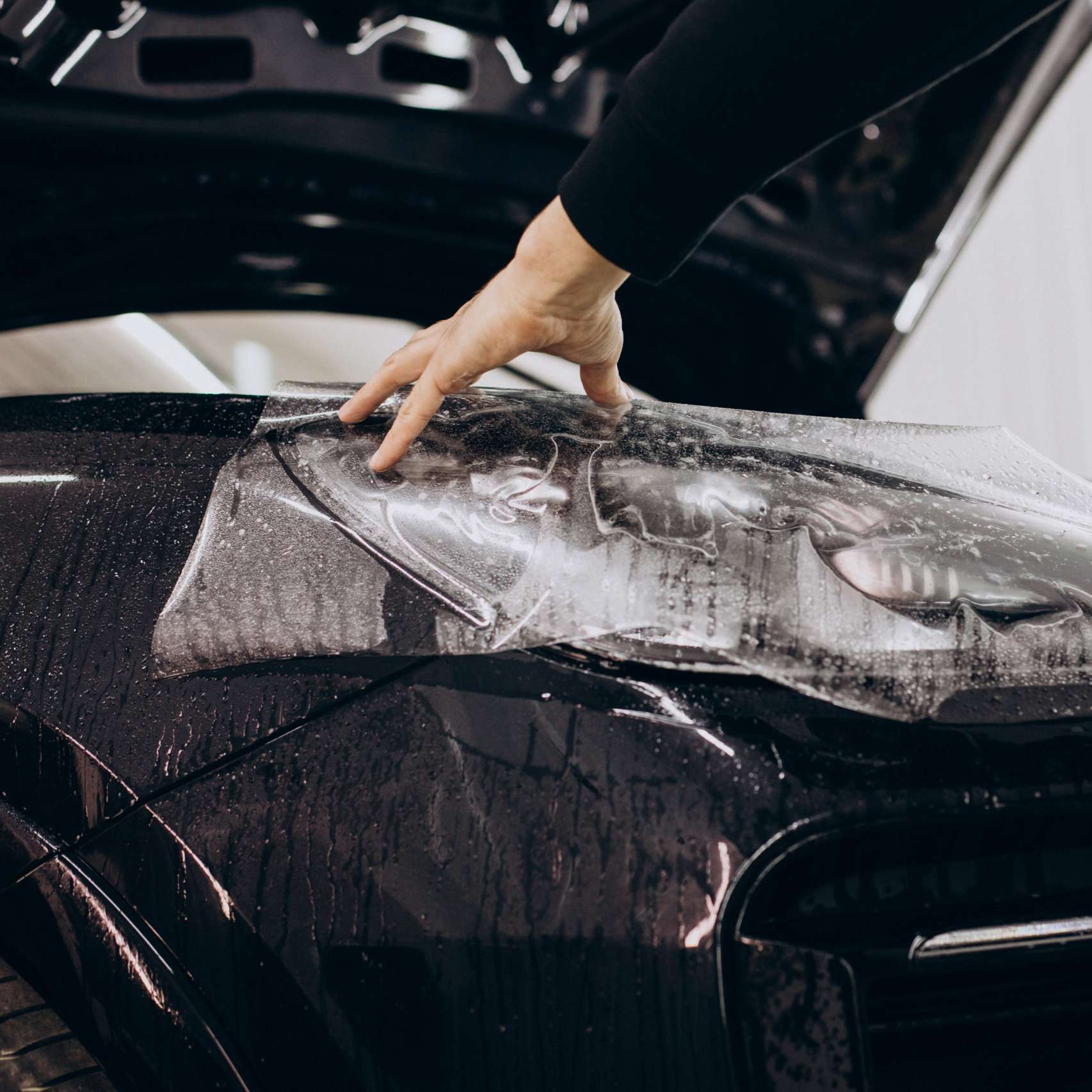 Male worker wrapping car with ptotective foil